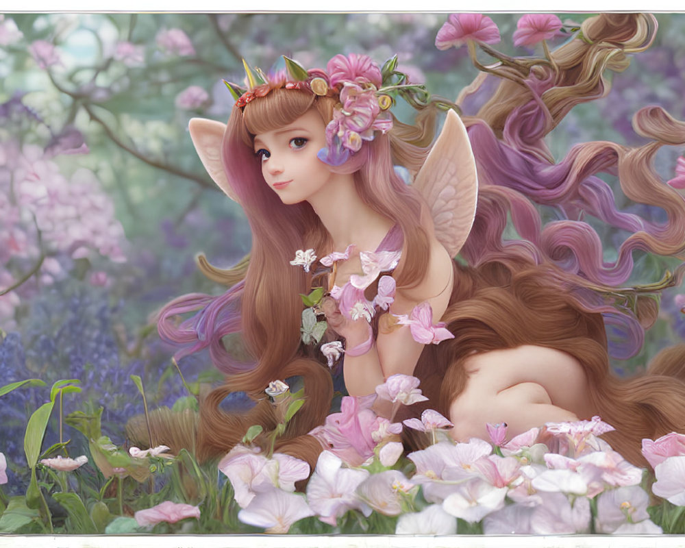 Illustration of fairy with long hair and floral crown in lush garden.