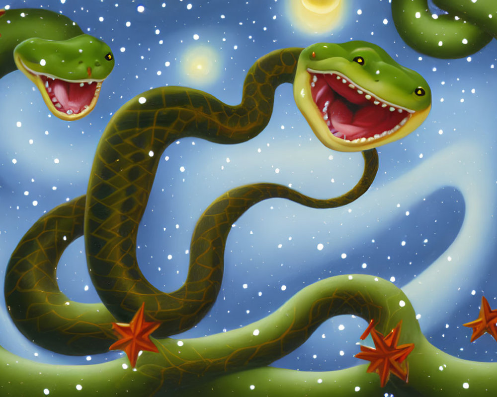 Illustration of two green serpentine creatures under starry night sky