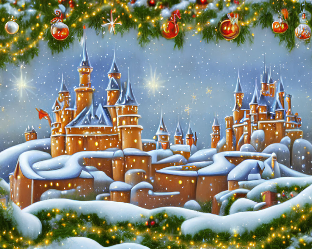 Snow-covered castle and pine trees in festive scene with Christmas decorations.