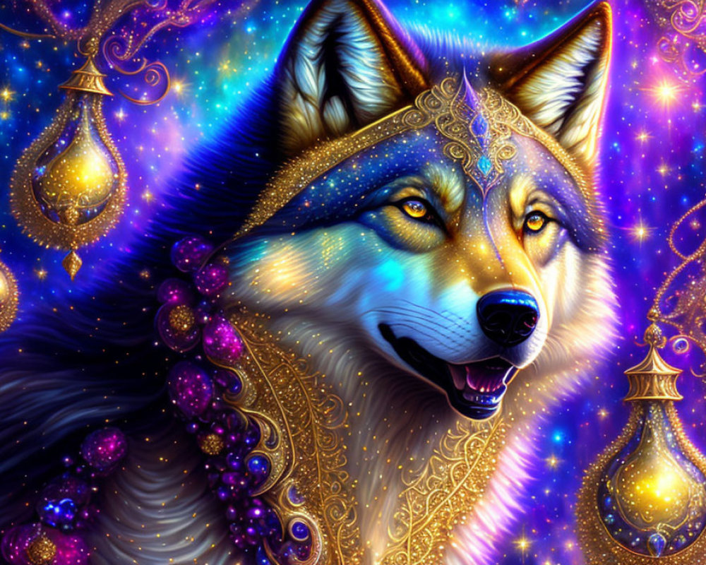 Mystical blue wolf with golden ornaments on cosmic backdrop