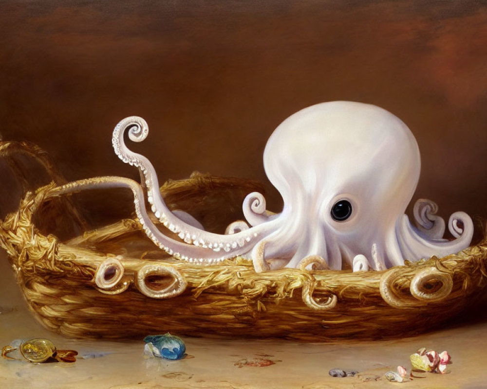 Surreal painting: Baby octopus in basket with sweets