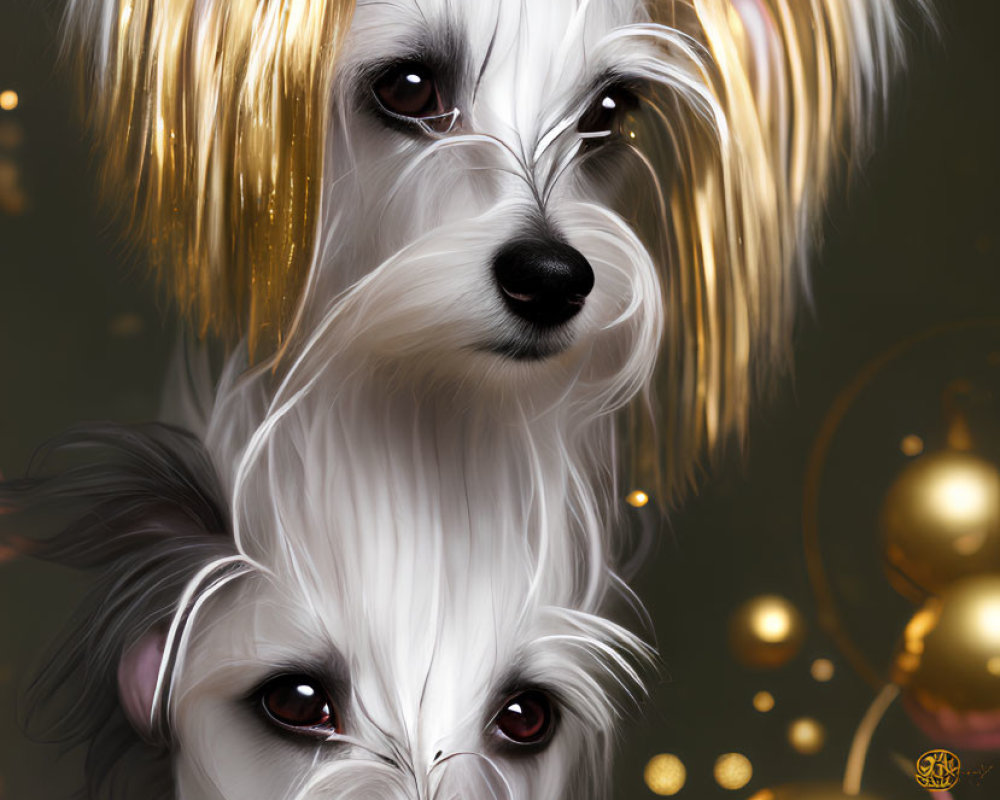 Fluffy white dogs with golden highlights and big ears in golden orb setting