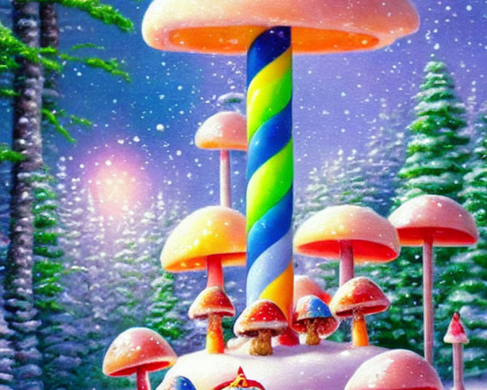 Colorful Mushroom Carousel in Snowy Landscape with Evergreen Trees