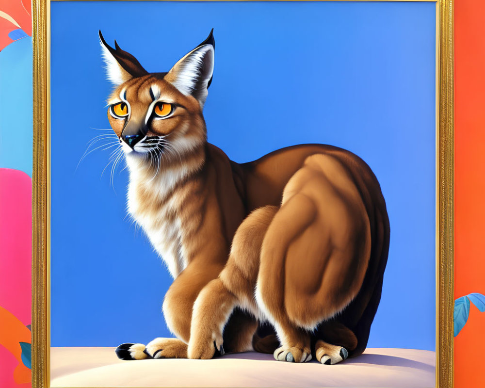 Stylized lynx illustration in golden frame on vibrant abstract background