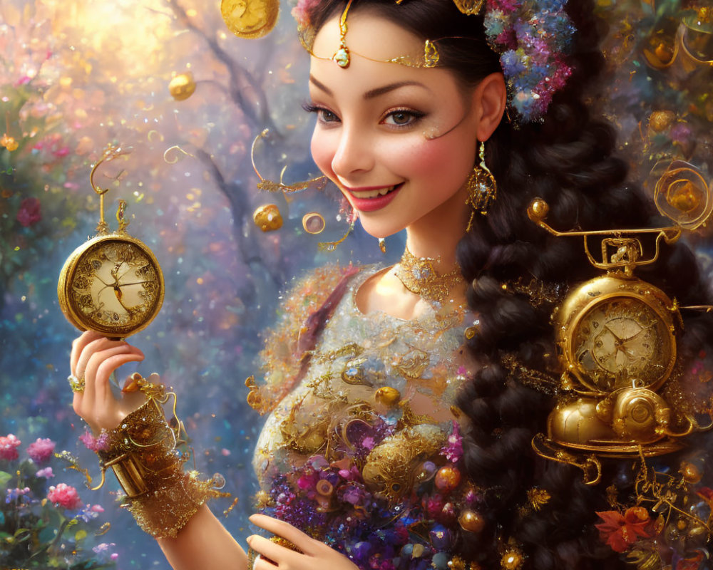 Colorful attire woman with clock parts in hair holding pocket watch surrounded by gears and flowers