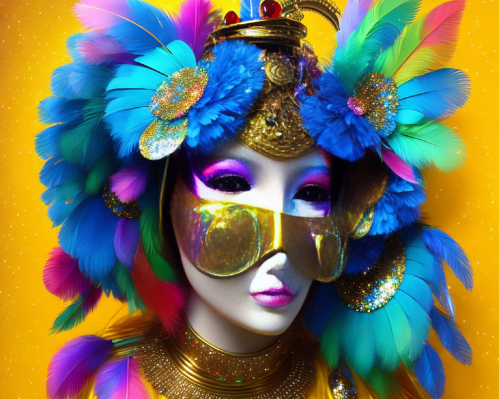 Colorful feather headpiece and gold mask on person against yellow backdrop