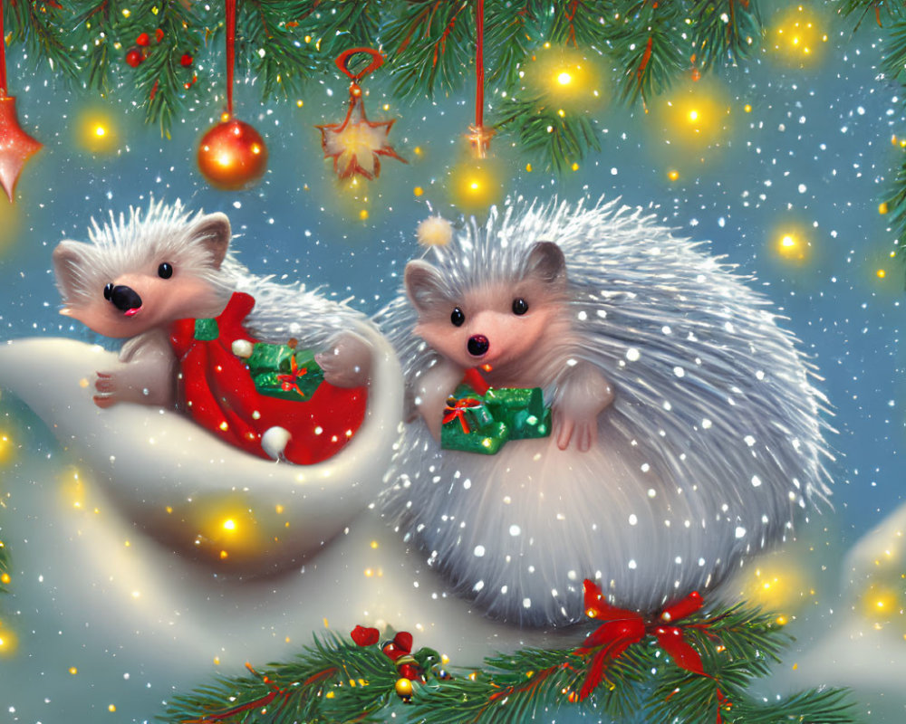 Festive hedgehogs in Christmas scene with sock, gift, snowflakes, and pine