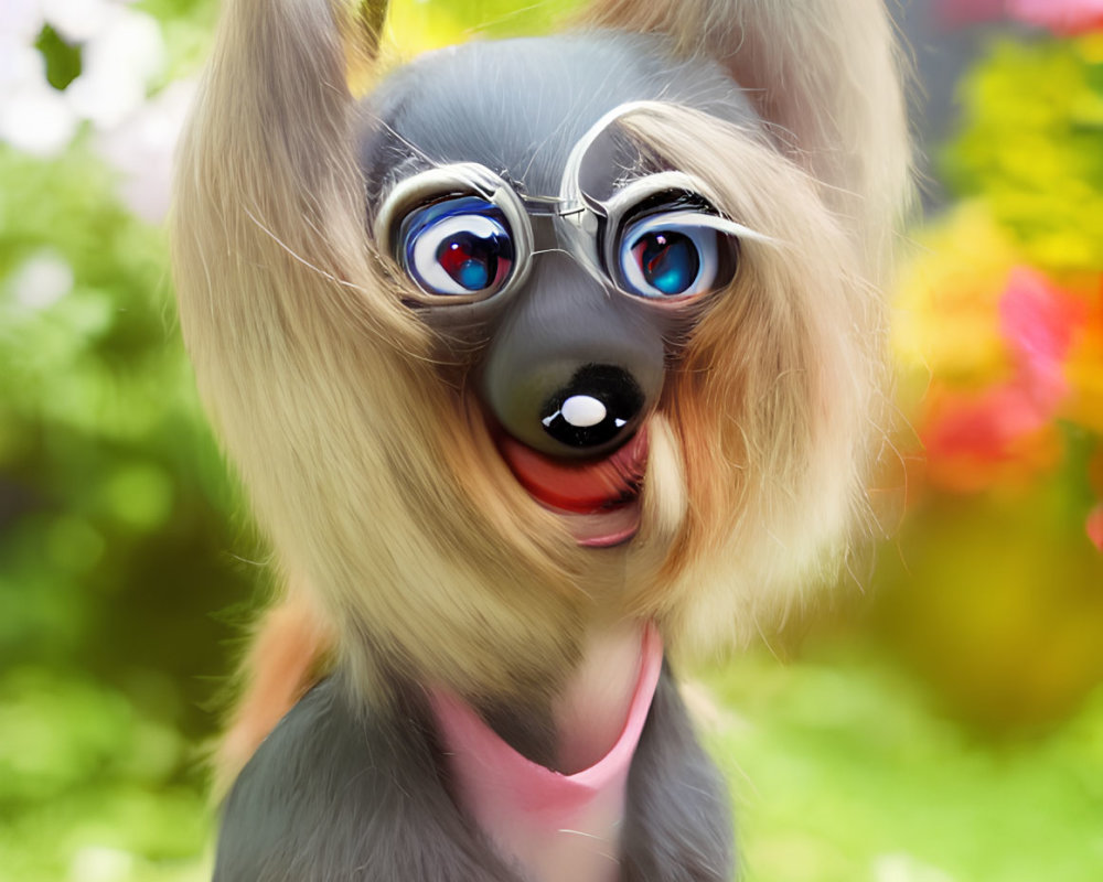 Cartoonish dog digital art with large ears and eyes among colorful flowers