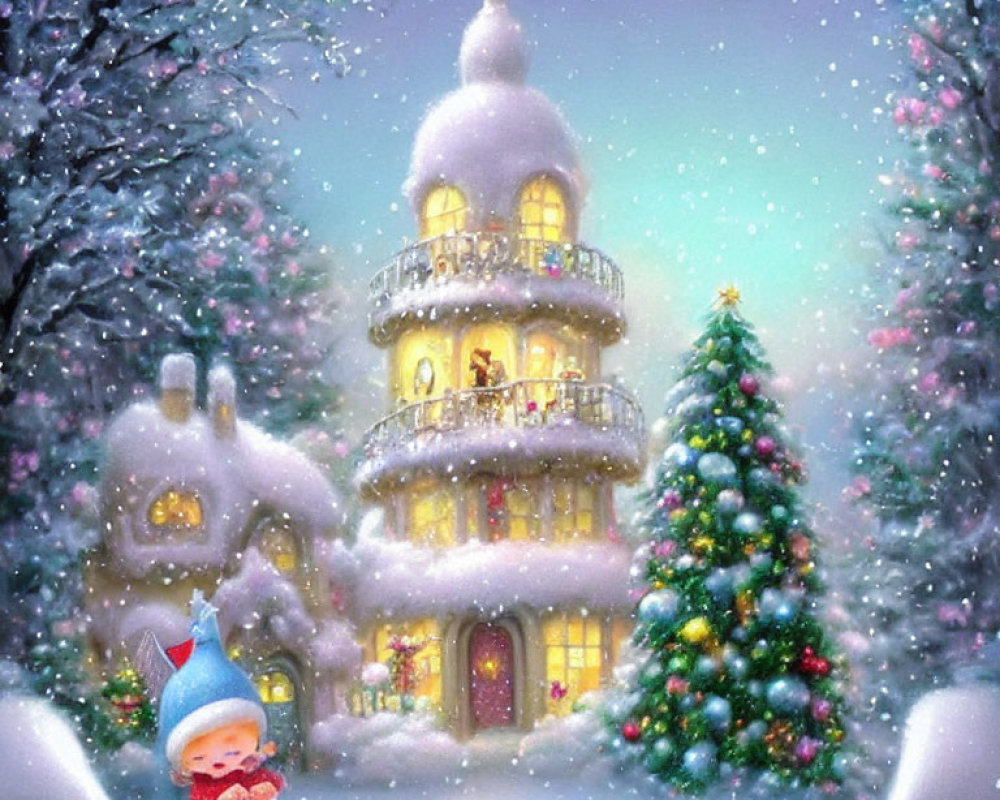 Snow-covered multi-tiered building with Christmas tree and child in blue hat