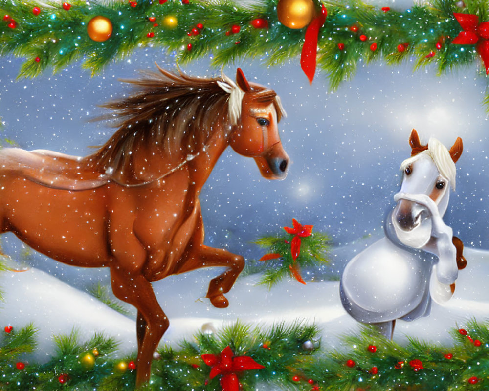 Brown and snow horses with Christmas decorations in festive scene