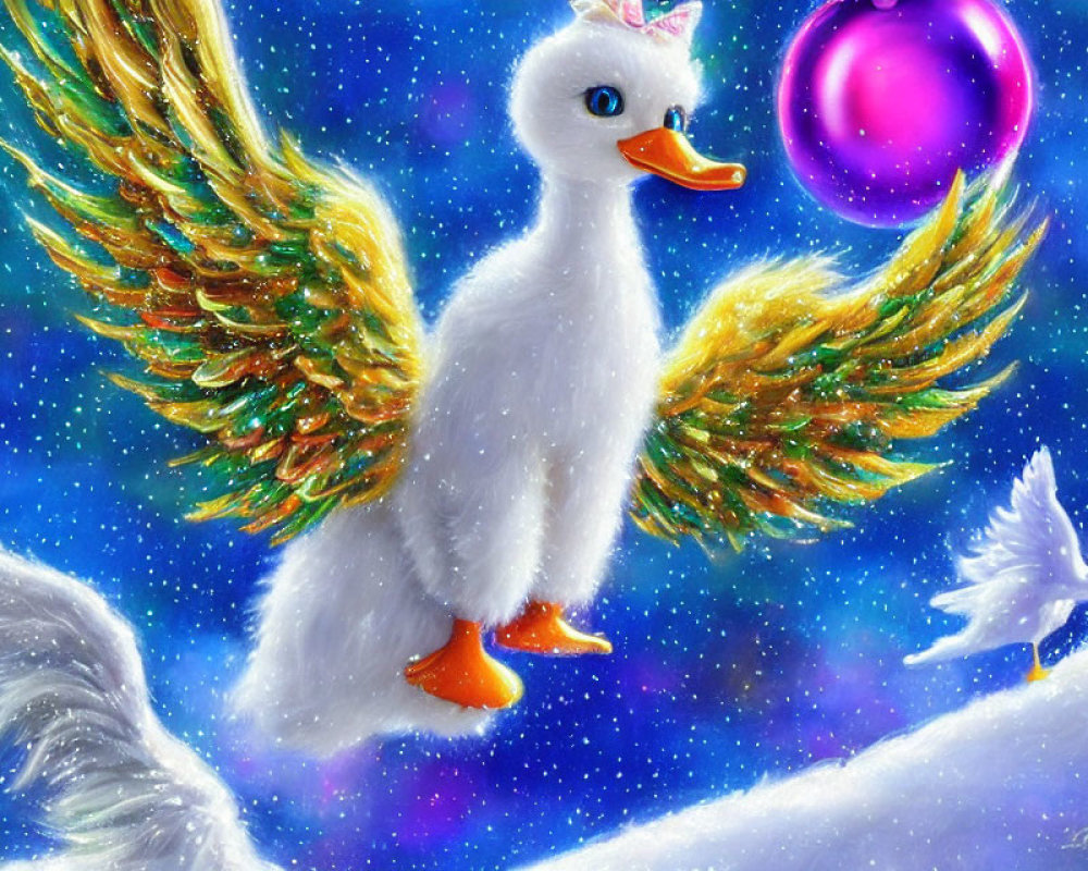 Illustration of white duckling with golden wings and pink crown flying with smaller bird in starry sky