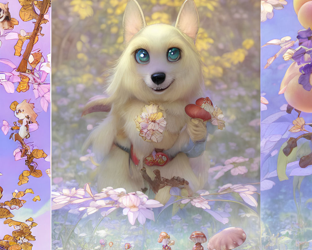 Anthropomorphic corgi illustration in floral field with sausage, surrounded by creatures and whimsical borders