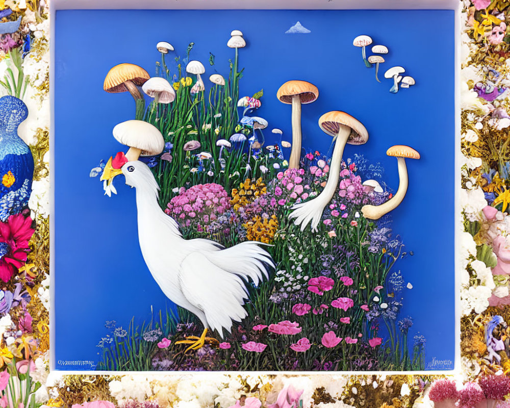 Colorful Artwork: White Peacock, Flowers, Mushrooms, Blue Background