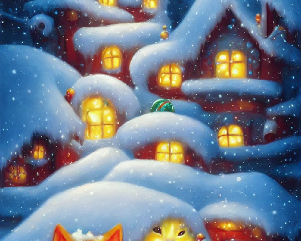 Whimsical winter scene with anthropomorphic cats and Santa figure in snow-covered village