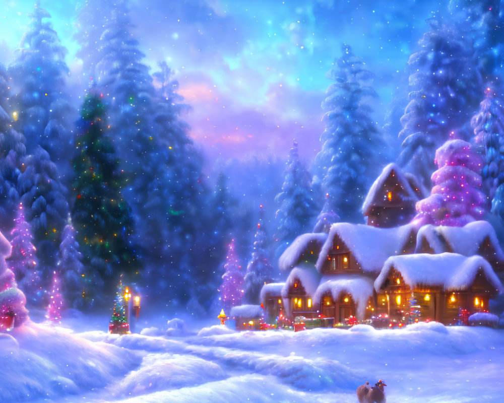 Snowy Village Scene with Illuminated Houses and Christmas Trees at Twilight