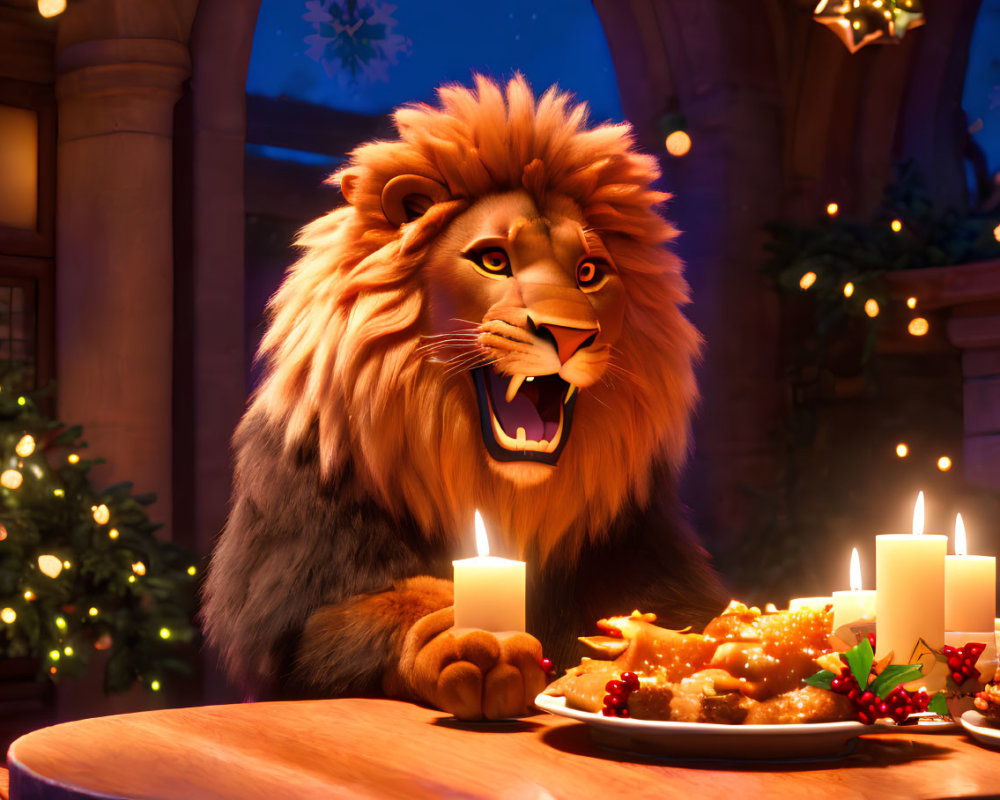 Festive Table with Animated Lion and Lit Candles