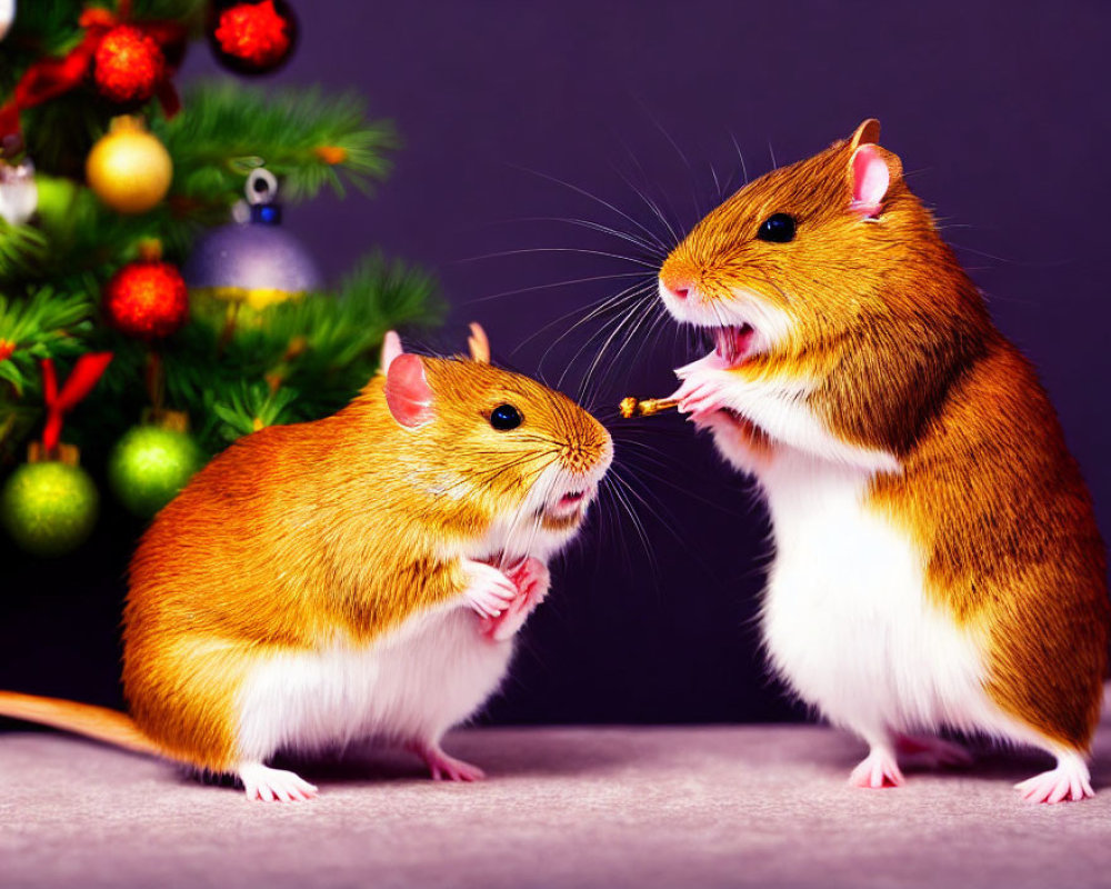 Playful rodents near Christmas tree decorations on purple background