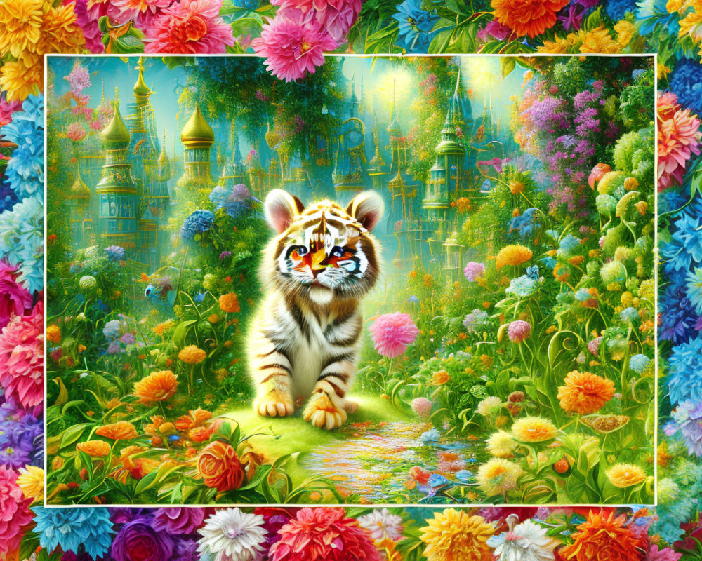 Colorful fantasy artwork: Whimsical tiger cub in vibrant floral landscape