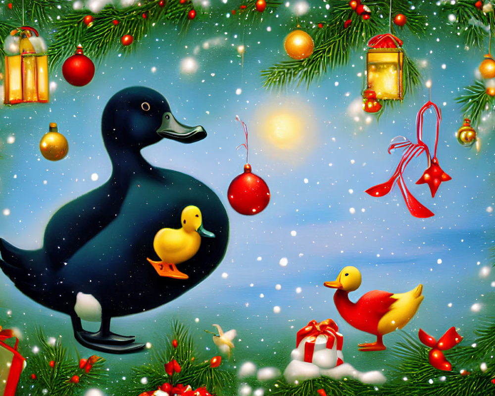 Ducks Holiday Decorations Snowy Background