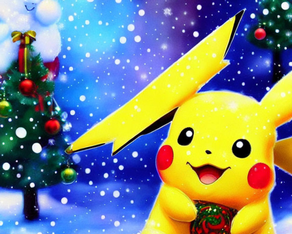 Festive Pikachu with Christmas ornament in snowy scene