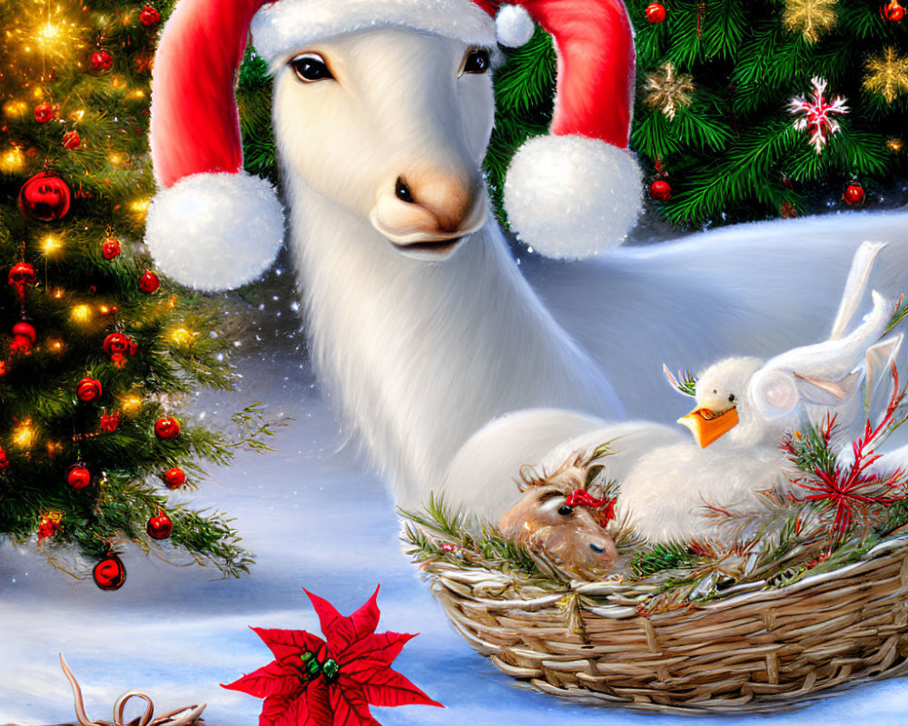 Festive goat in Santa hat with duck, guinea pig, mouse, poinsettia