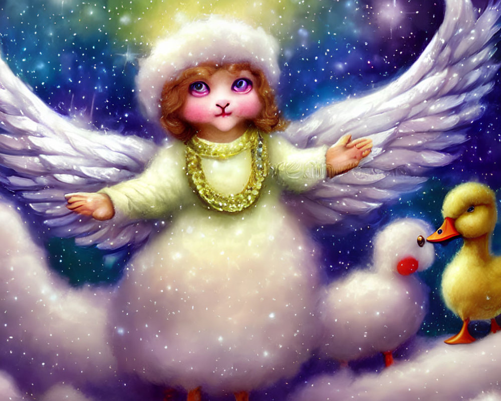 Illustration of angelic figure with white attire, golden adornments, wings, purple eyes, and