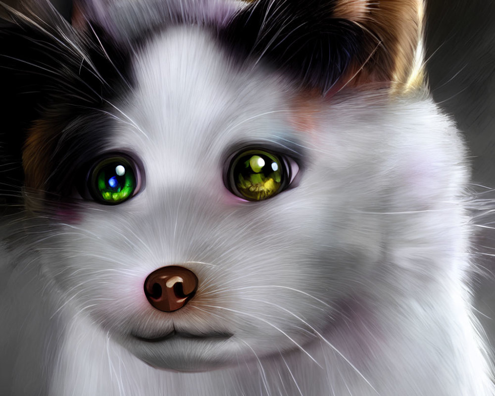 Illustrated tricolor cat with vibrant green eyes and soft fur