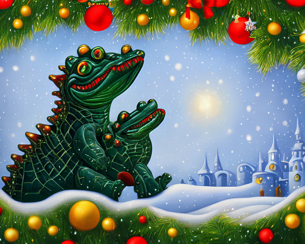 Cartoon Crocodiles in Santa Hats with Festive Pine Frame