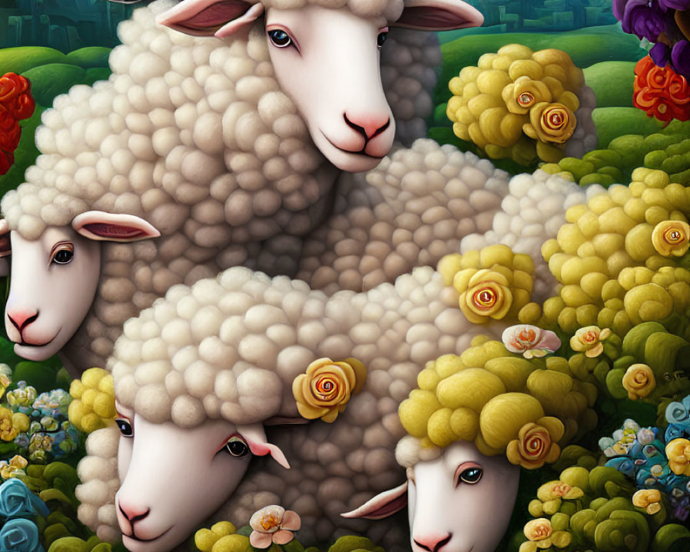 Whimsical painting of four sheep in floral wool amidst a vibrant garden