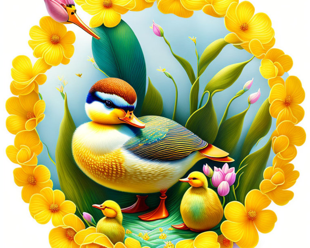 Colorful Family of Ducks Surrounded by Flowers and Foliage