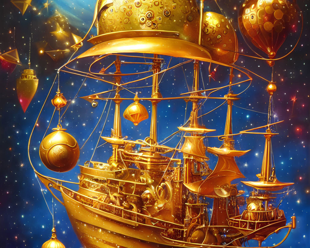 Golden ship with ornaments in cosmic scene.