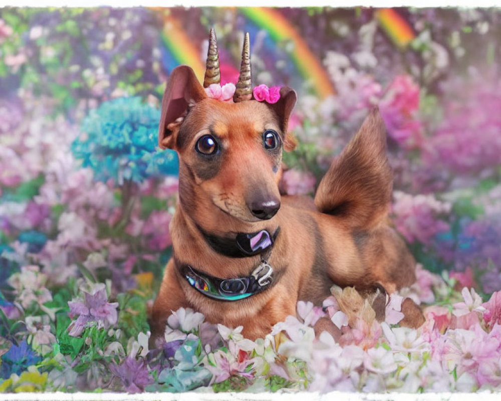 Brown Dachshund with Flower Crown and Unicorn Horn Surrounded by Colorful Flowers and Rainbows