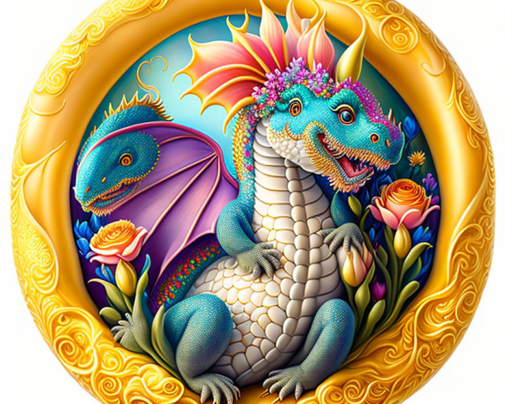 Colorful Two-Headed Dragon Illustration in Ornate Golden Border