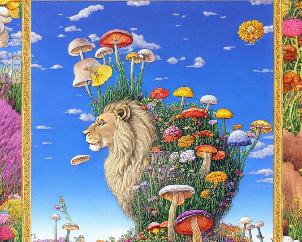 Colorful Lion Surrounded by Mushrooms and Flowers in Golden Frame