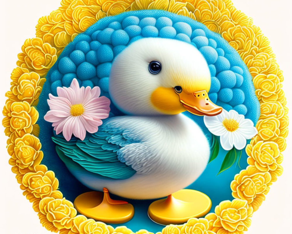 Colorful Duck Illustration Surrounded by Flower Patterns