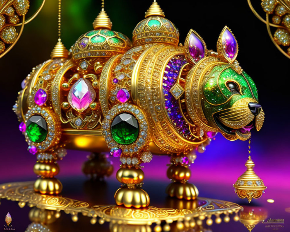 Digital artwork: Golden jewel-encrusted cat-shaped carriage with emerald eyes