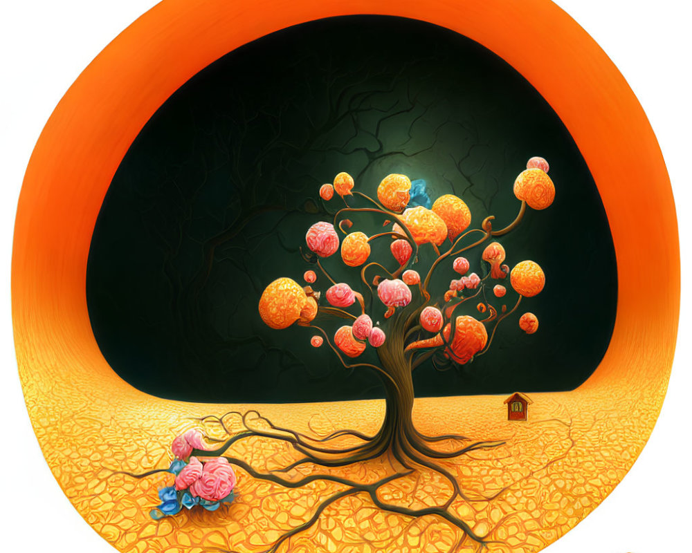 Colorful tree illustration in orange circle on black background with intricate roots