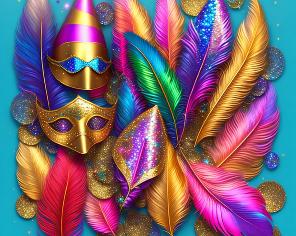 Colorful Mardi Gras Themed Image with Masquerade Mask and Feathers