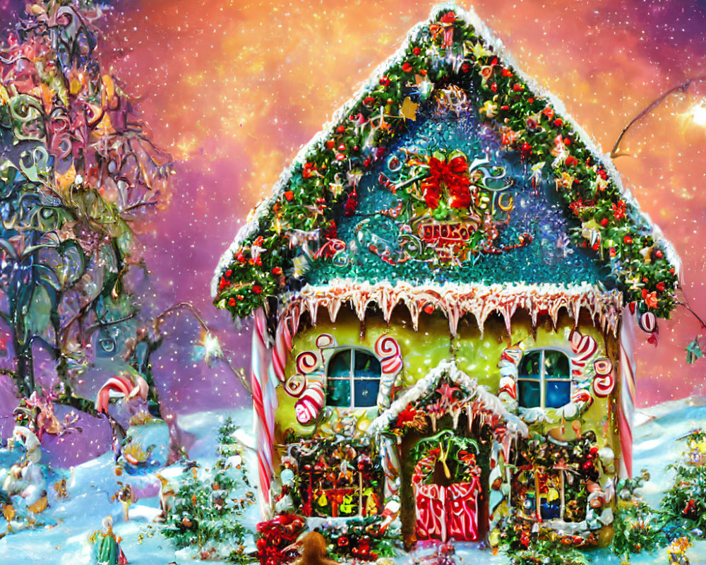 Colorful Christmas gingerbread house in snowy twilight scene