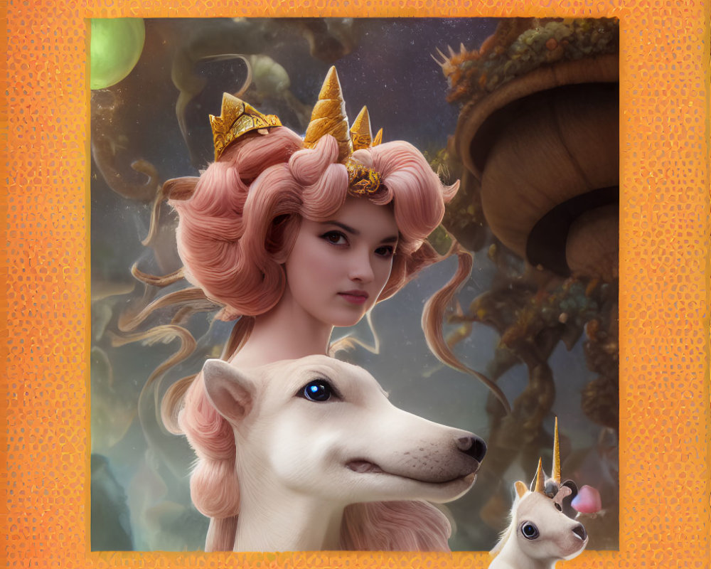 Whimsical image of woman with unicorn hair and dog against dreamy backdrop