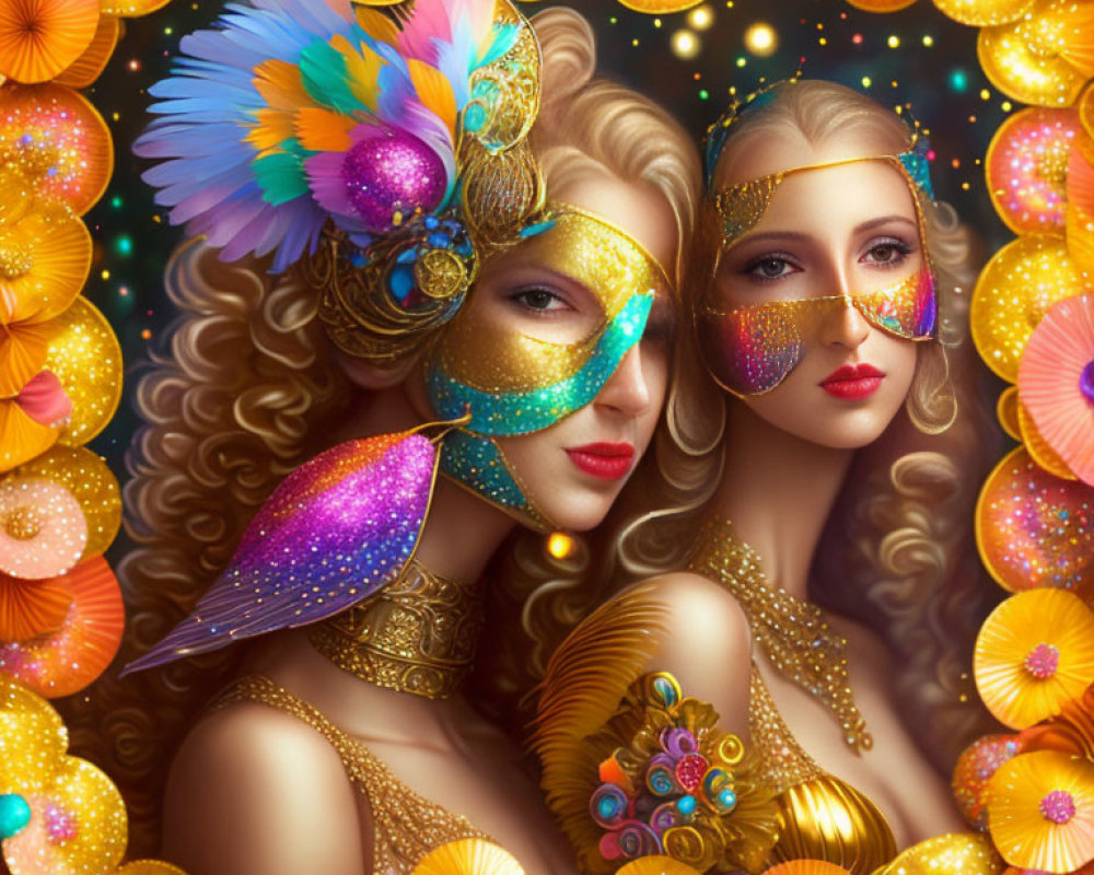 Two Women in Golden Masquerade Masks with Colorful Flowers and Feathers