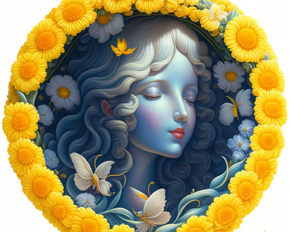 Woman's Face Surrounded by Yellow Flowers and Blue Foliage