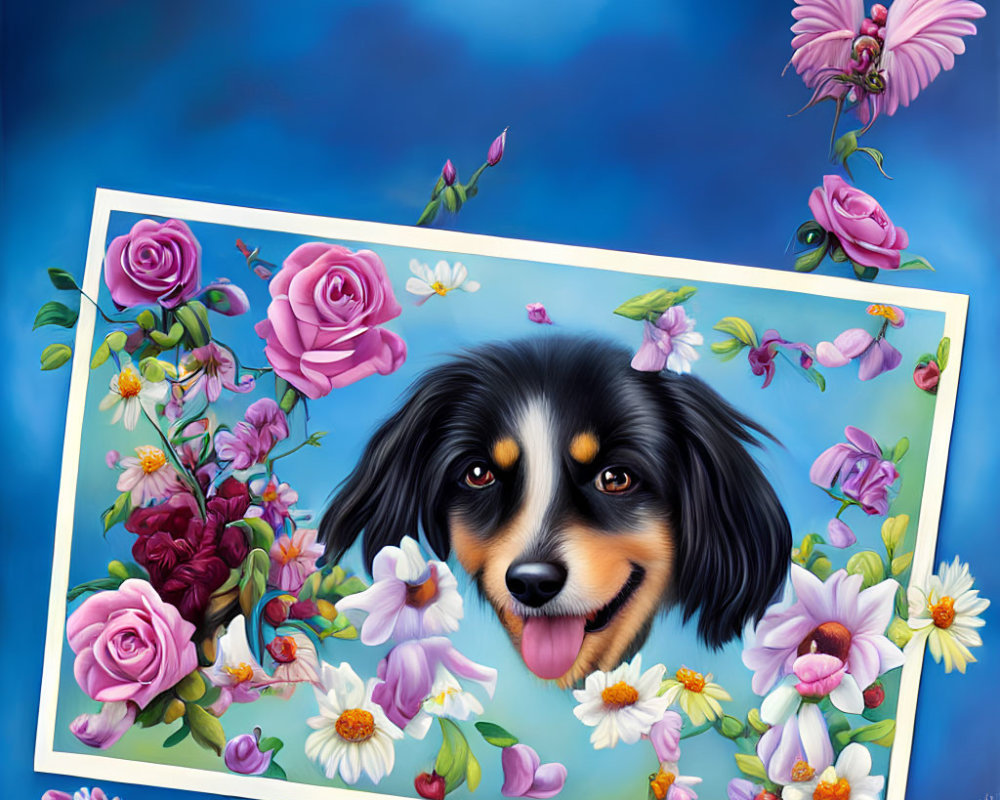 Colorful Dog Head in Floral Background with Roses and Butterflies on Blue