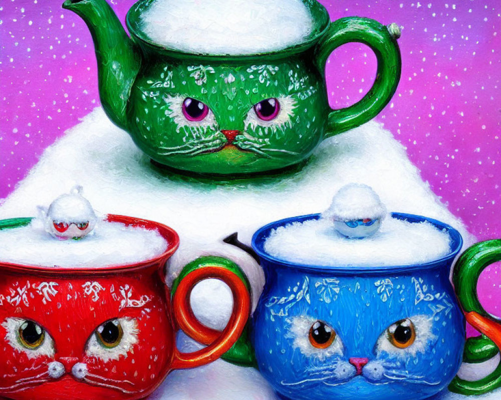 Colorful Teapots with Cat Faces in Snowy Scene