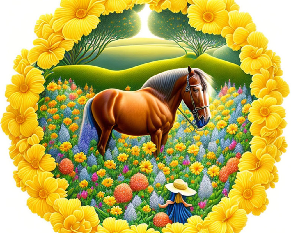 Colorful meadow scene with brown horse and flowers in heart-shaped wreath