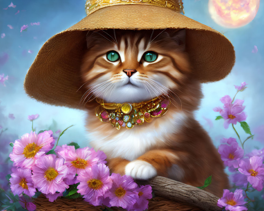 Majestic cat with emerald eyes in fancy hat and jeweled collar amid pink flowers on branch