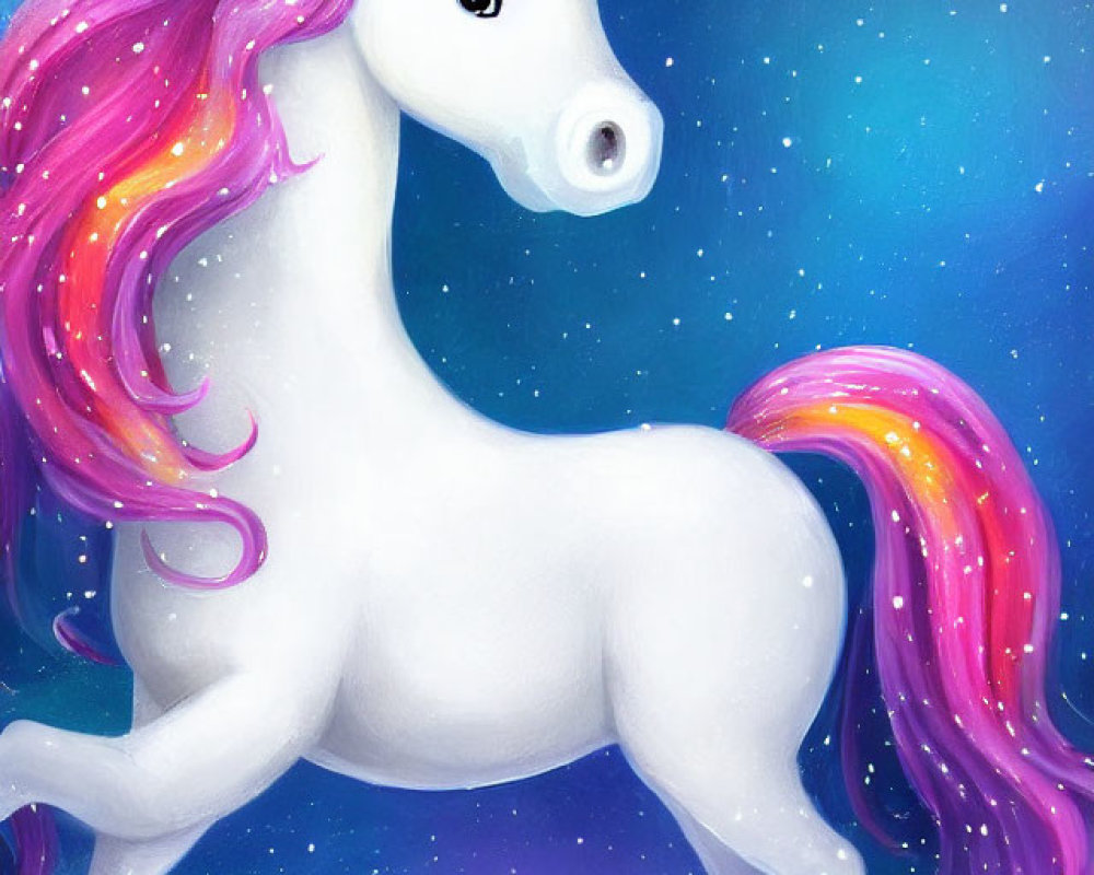 Illustration of white unicorn with golden horn and colorful mane on starry sky background