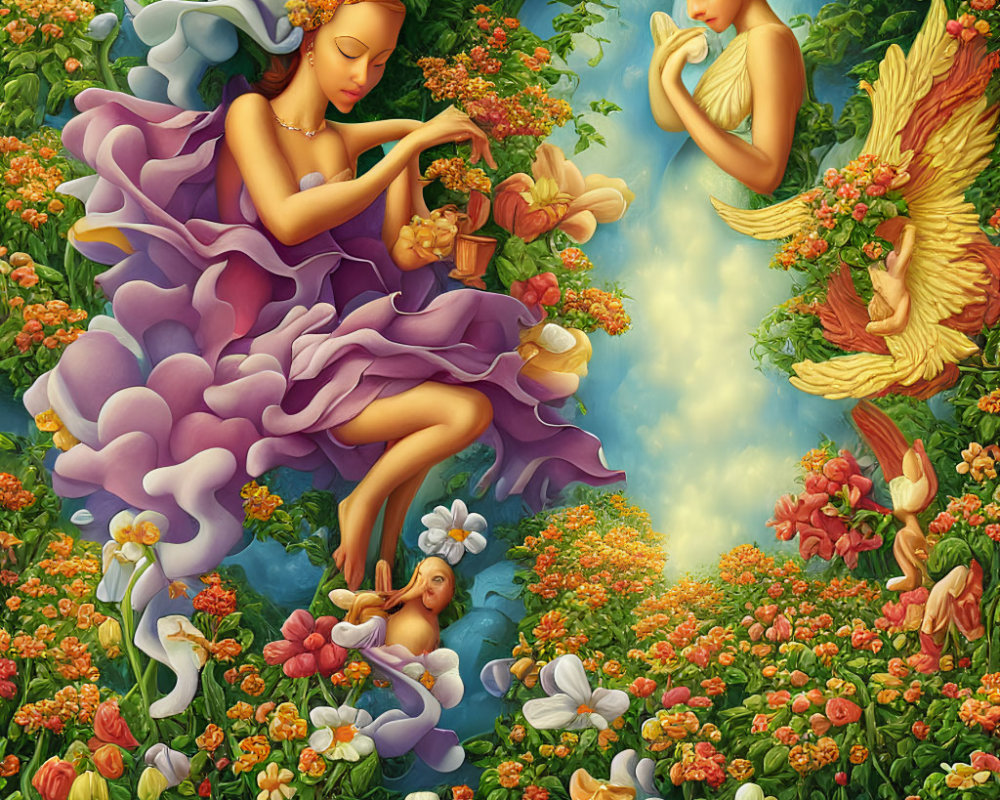 Colorful Fantasy Painting of Winged Feminine Figures in Botanical Setting