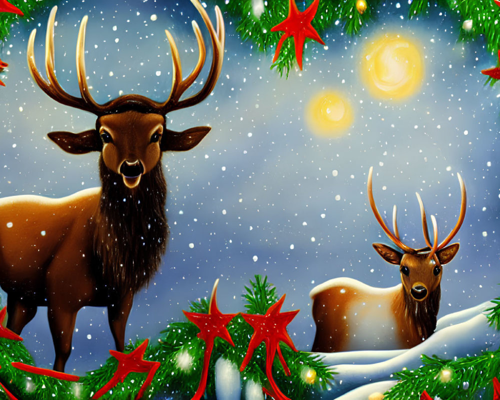 Reindeer in Festive Winter Scene with Snow and Starry Sky