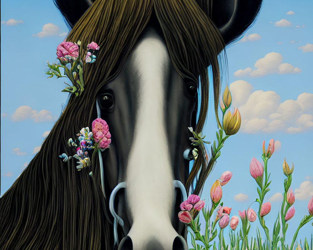 Brown and White Horse Head in Colorful Flower Field on Blue Sky